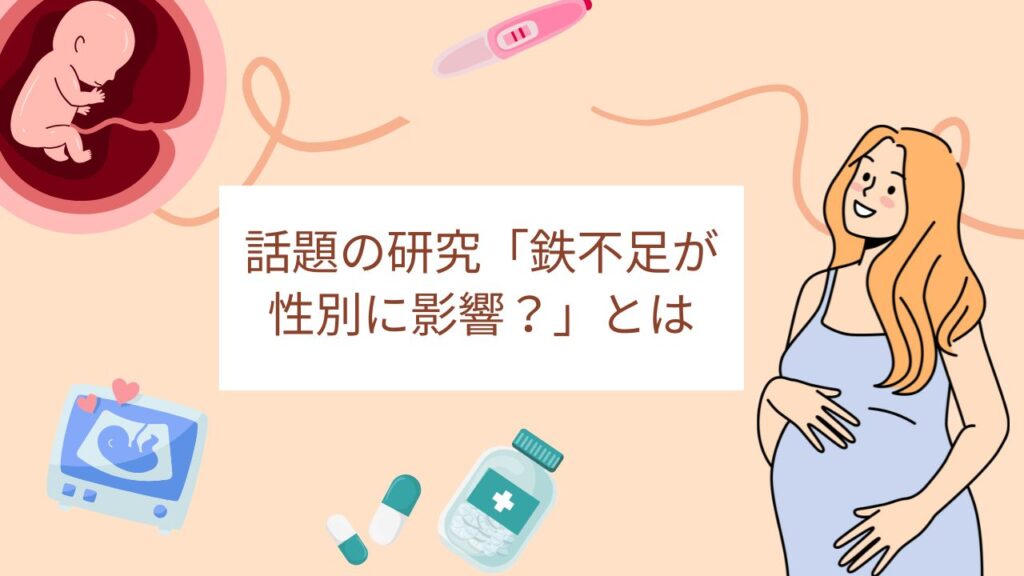 胎児や妊婦のイラスト、妊娠検査薬やサプリメントが描かれた画像。妊娠中の鉄不足と赤ちゃんの性別への影響についての研究を紹介する見出し付き。